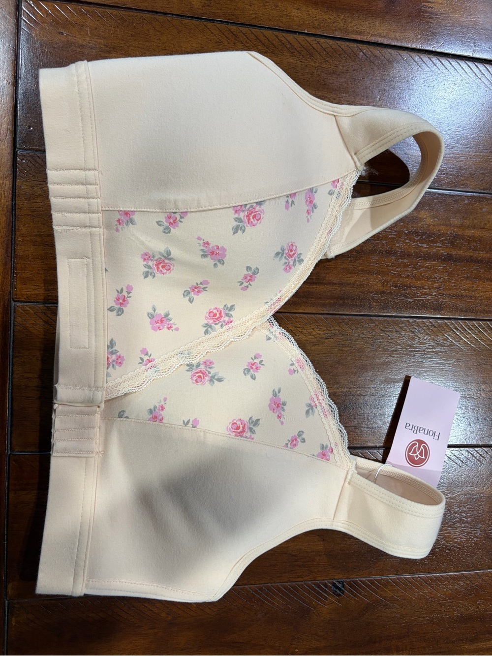 Floral Lace-Trim Wireless Bra in Cream with Pink Roses